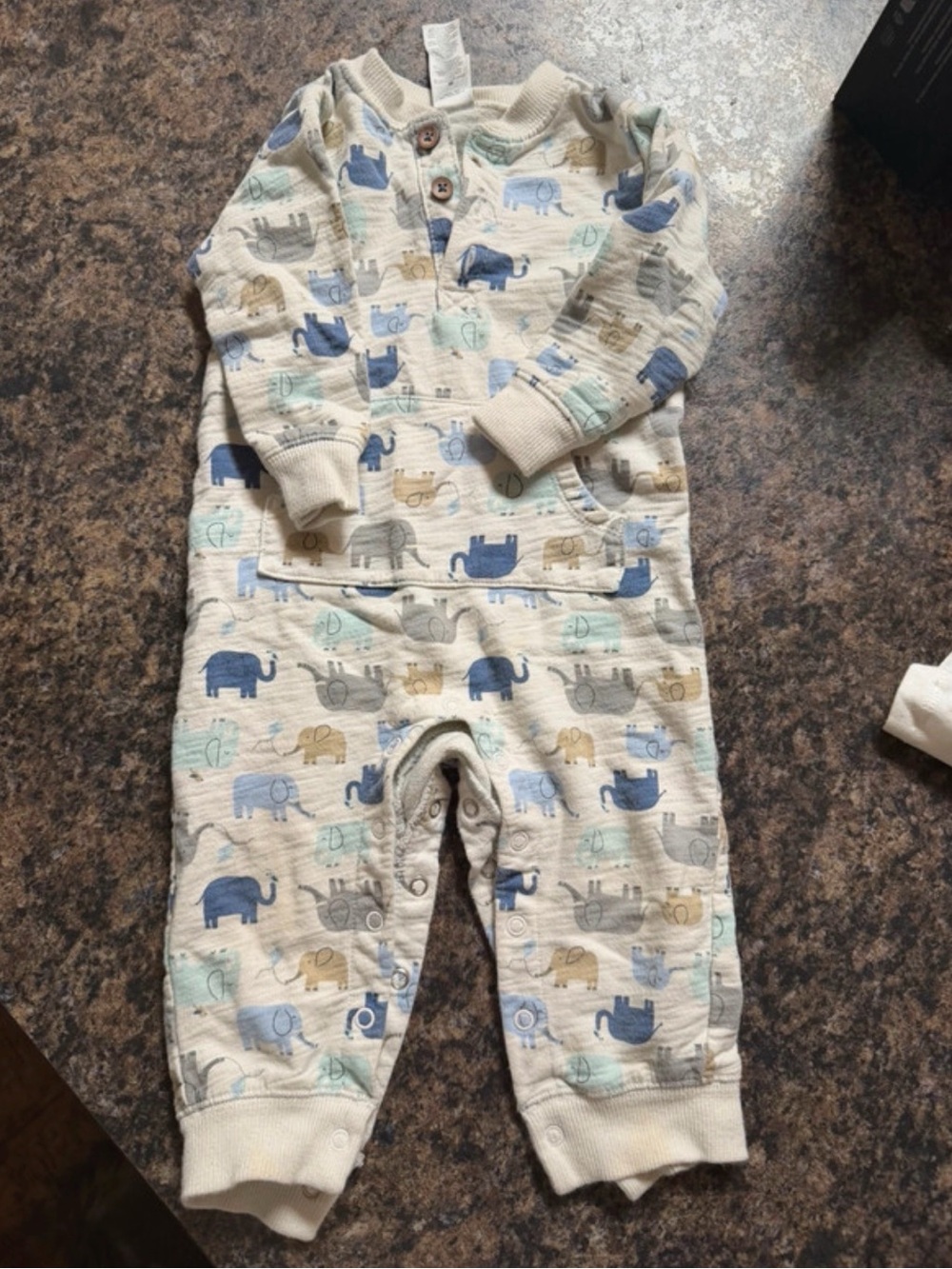 Carter's Cream One-Piece Footie with Blue, Gray & Tan Elephant Print